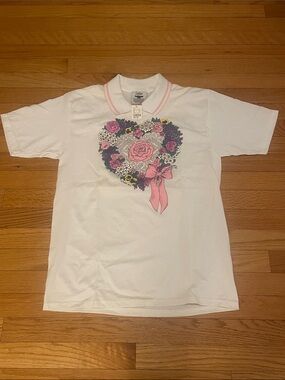 Vintage single stitch 90s t-shirt Floral Heart Pink Polo Top Grandmacore M